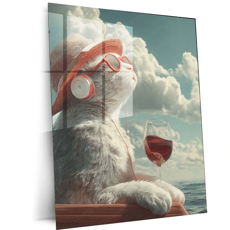 Cat with Red Wine Metal Frame | Quirky Animal Art for Wine Lovers - TURTLEWINGS