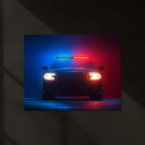 Police Vehicle PCR Lights Neon LED Metal Poster | Patrol Car Night Chase Edition | Law & Justice Wall Art