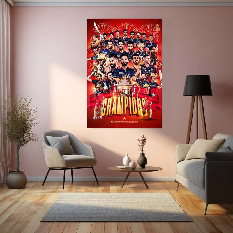 Cricket Metal Poster |🏆 RCB Wins IPL Trophy 2025 – Champion Celebration Metal Poster | Virat Kohli Led Victory Wall Art 06 - TURTLEWINGS