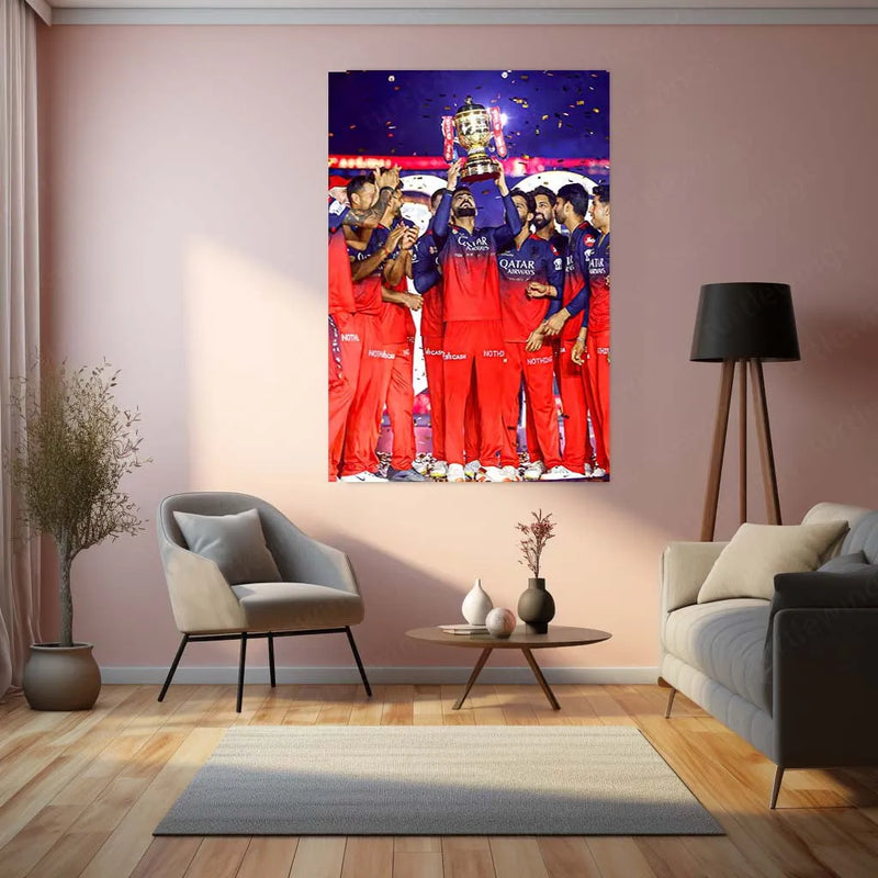 Cricket Metal Poster |🏆 RCB Wins IPL Trophy 2025 – Champion Celebration Metal Poster | Virat Kohli Led Victory Wall Art 08 - TURTLEWINGS