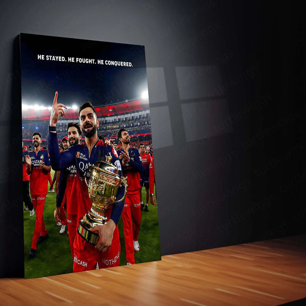 Cricket Metal Poster |🔥 Virat Kohli RCB Wins IPL Trophy 2025 – Historic Victory Metal Poster | Champion’s Wall Art - TURTLEWINGS