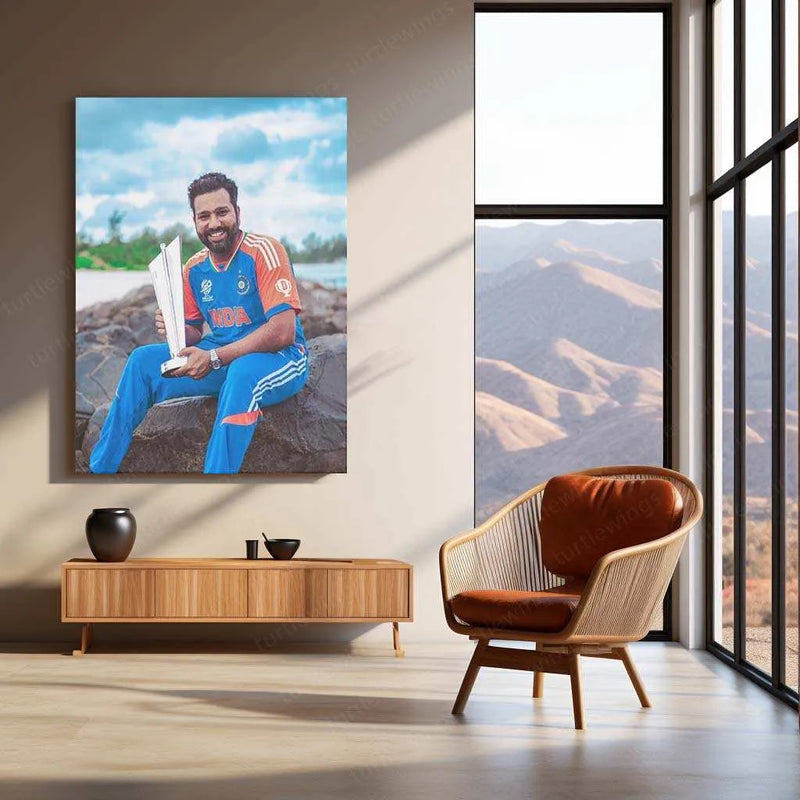 Rohit Sharma with Trophy Metal Poster – Team India & IPL Champion Wall Art | Cricket Memorabilia - TURTLEWINGS