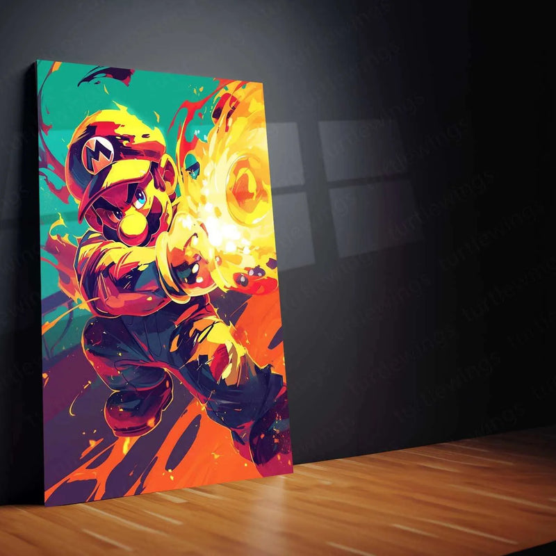 Mario Fireball Metal Poster – HD Attack Pose in Green & Yellow - TURTLEWINGS