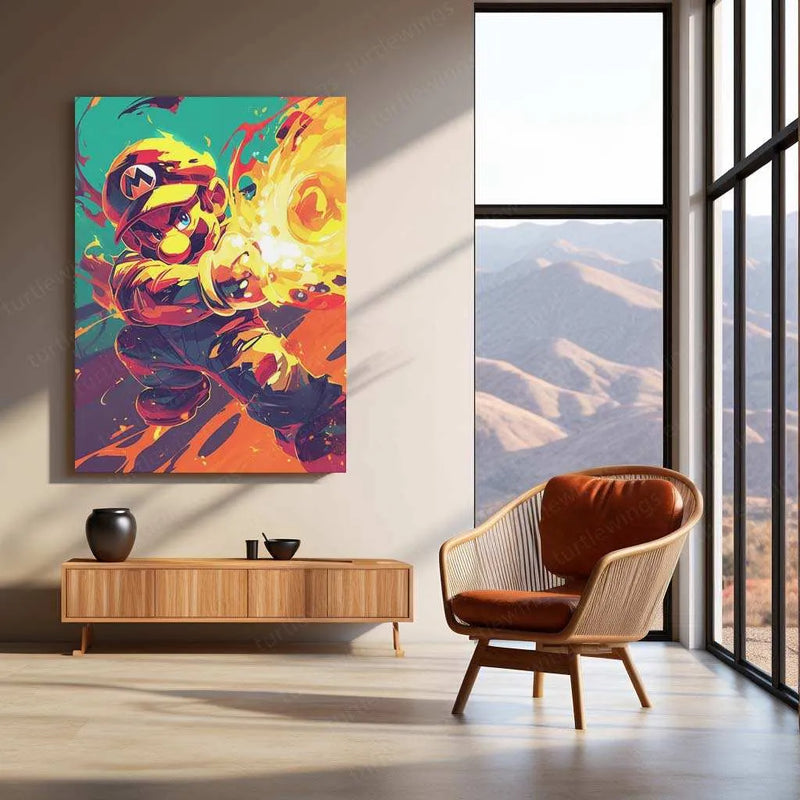 Mario Fireball Metal Poster – HD Attack Pose in Green & Yellow - TURTLEWINGS