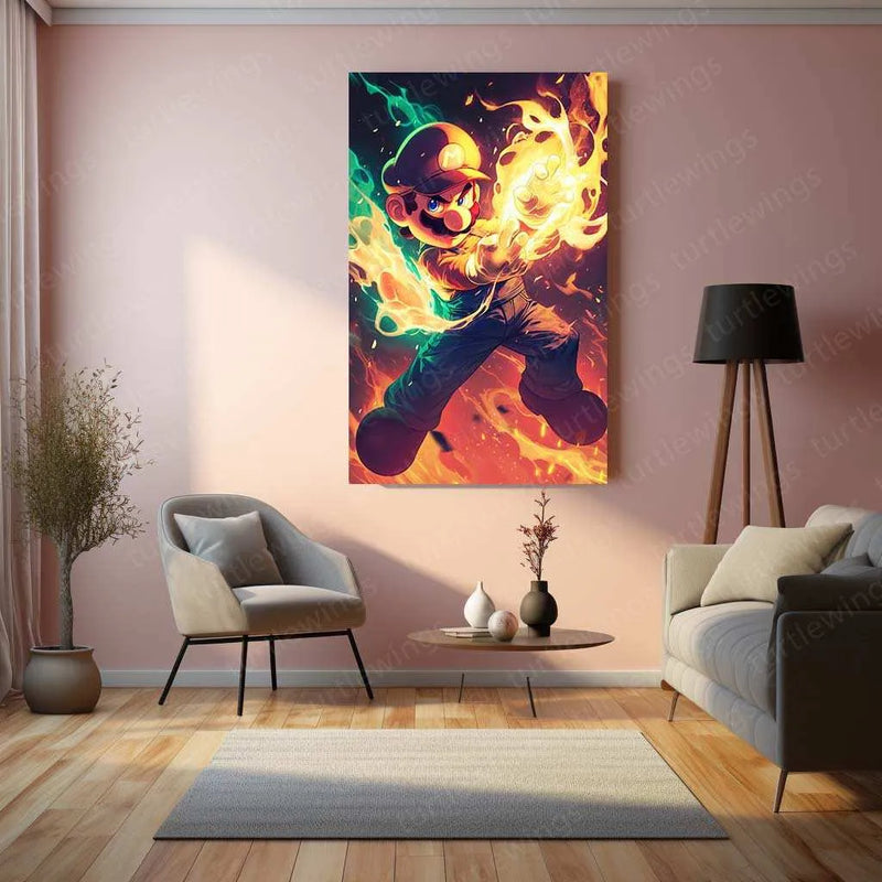 Mario Fireball Metal Poster – HD Action in Green & Yellow - TURTLEWINGS