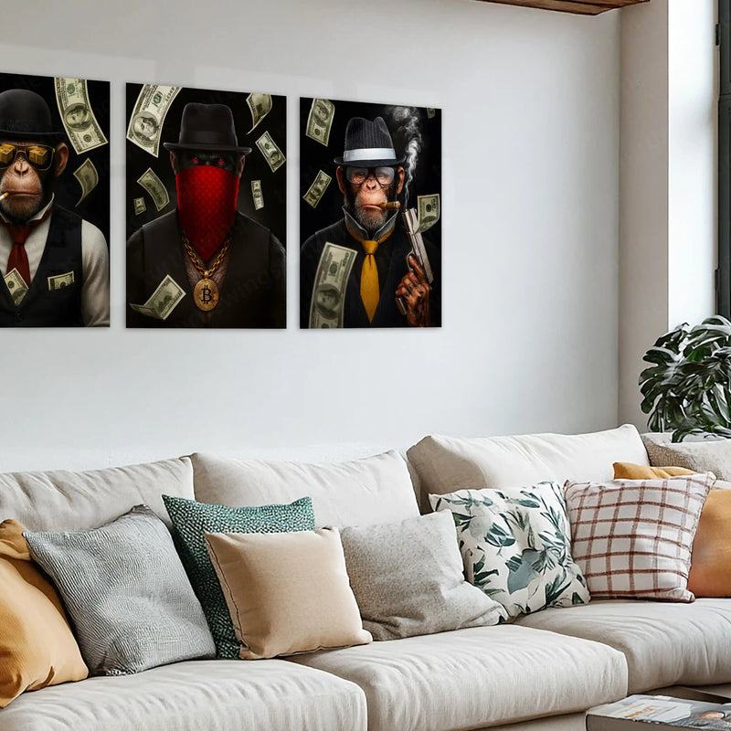 Bitcoin Brothers – Elite Hustler Monkey Metal Poster Set of 3 | Crypto King Wall Art | Luxury Money Décor Frames
