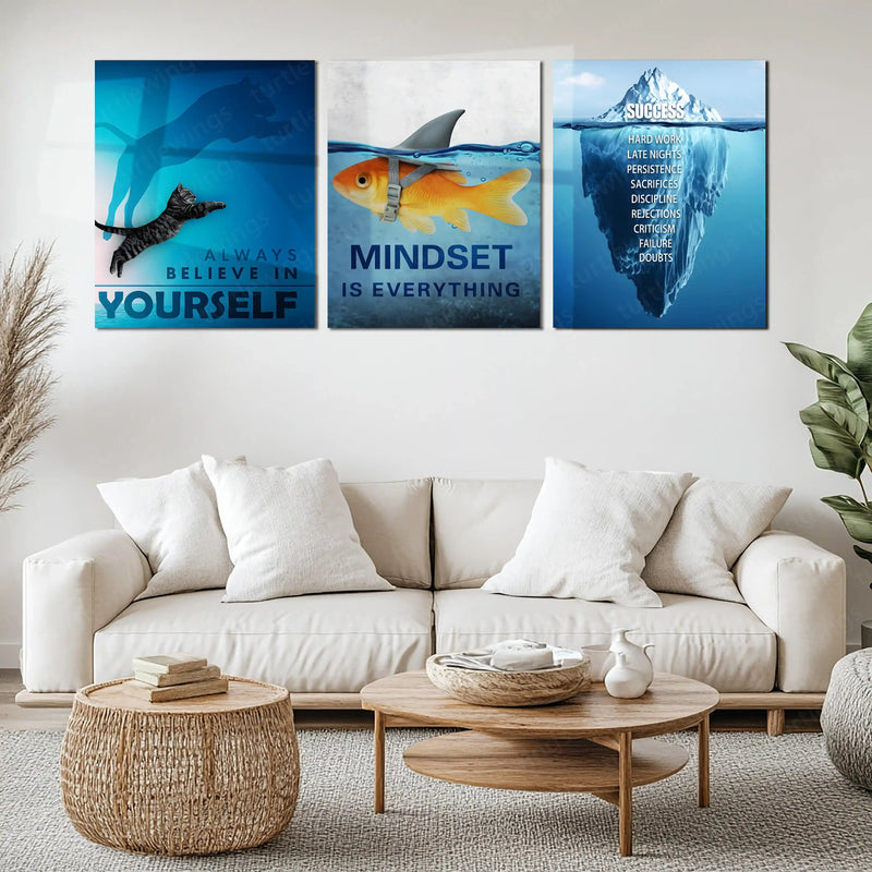 Motivational Metal Poster Set of 3 – Yourself | Mindset | Success | Inspirational Wall Art Décor