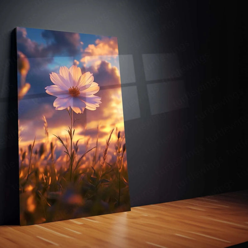 Lone Shining White Flower Metal Poster | Minimal Nature Wall Art | Elegant Botanical Decor - TURTLEWINGS