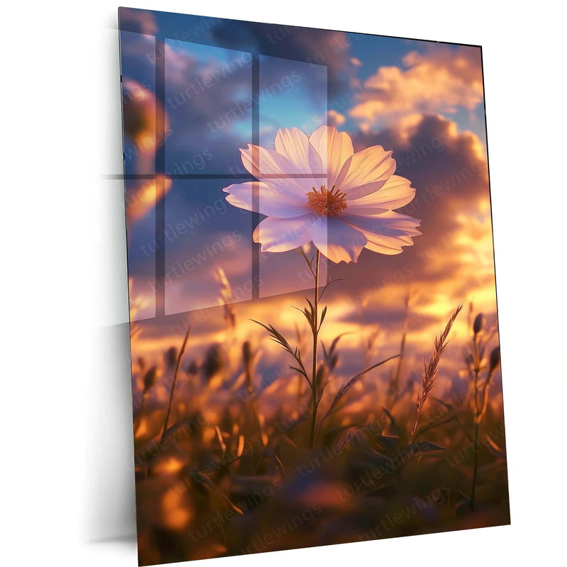 Lone Shining White Flower Metal Poster | Minimal Nature Wall Art | Elegant Botanical Decor - TURTLEWINGS