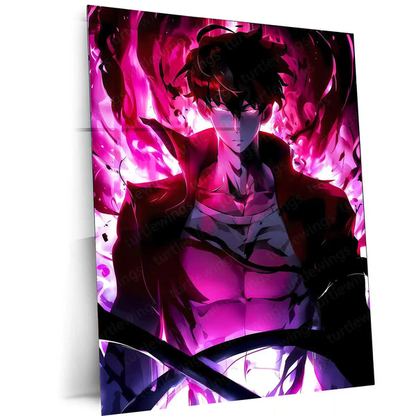Sung Jin-Woo Red Edition – Solo Leveling Metal Poster | Shadow Monarch Rage Wall Frame