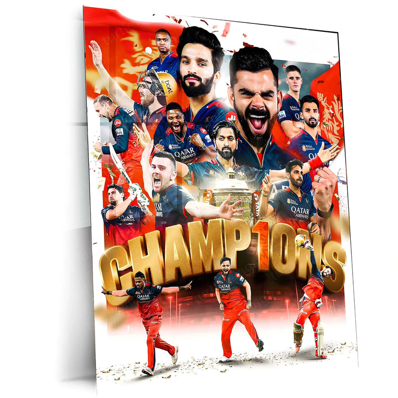 Cricket Metal Poster |🏆 RCB Wins IPL Trophy 2025 – Champion Celebration Metal Poster | Virat Kohli Led Victory Wall Art 10 - TURTLEWINGS