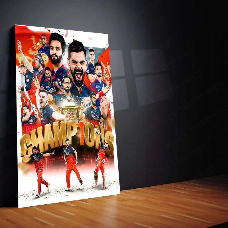 Cricket Metal Poster |🏆 RCB Wins IPL Trophy 2025 – Champion Celebration Metal Poster | Virat Kohli Led Victory Wall Art 10 - TURTLEWINGS