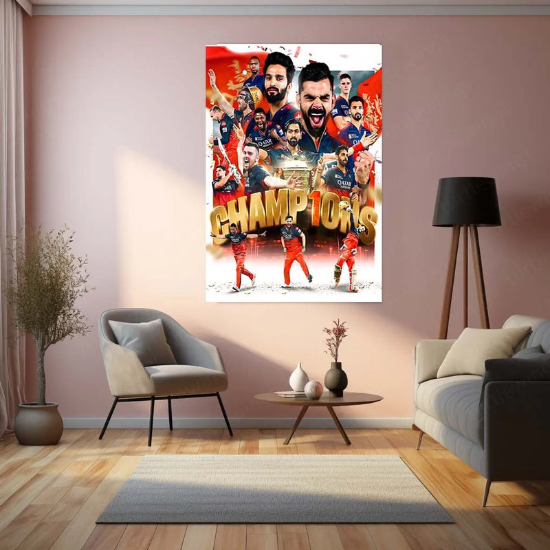 Cricket Metal Poster |🏆 RCB Wins IPL Trophy 2025 – Champion Celebration Metal Poster | Virat Kohli Led Victory Wall Art 10 - TURTLEWINGS