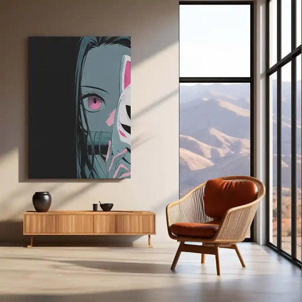 Nezuko Kamado Metal Frame – Fox Mask Half-Cover Anime Poster | Elegant Demon Slayer Wall Art - TURTLEWINGS