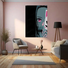 Nezuko Kamado Metal Frame – Fox Mask Half-Cover Anime Poster | Elegant Demon Slayer Wall Art - TURTLEWINGS