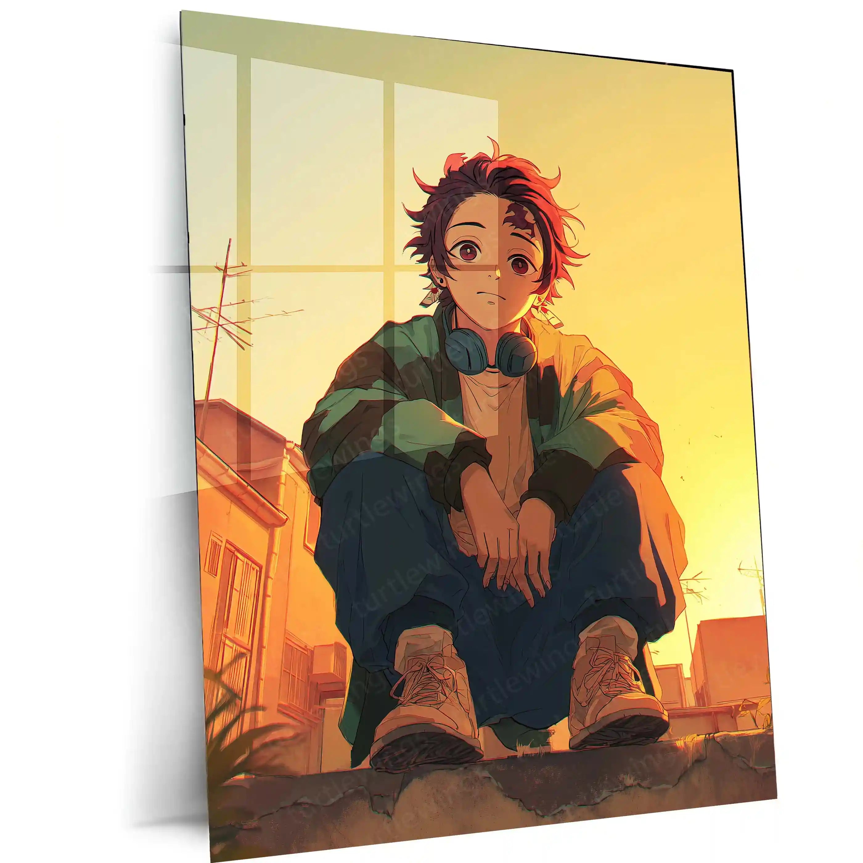 Tanjiro Kamado Metal Frame – Rooftop Golden Hour Scene Peaceful