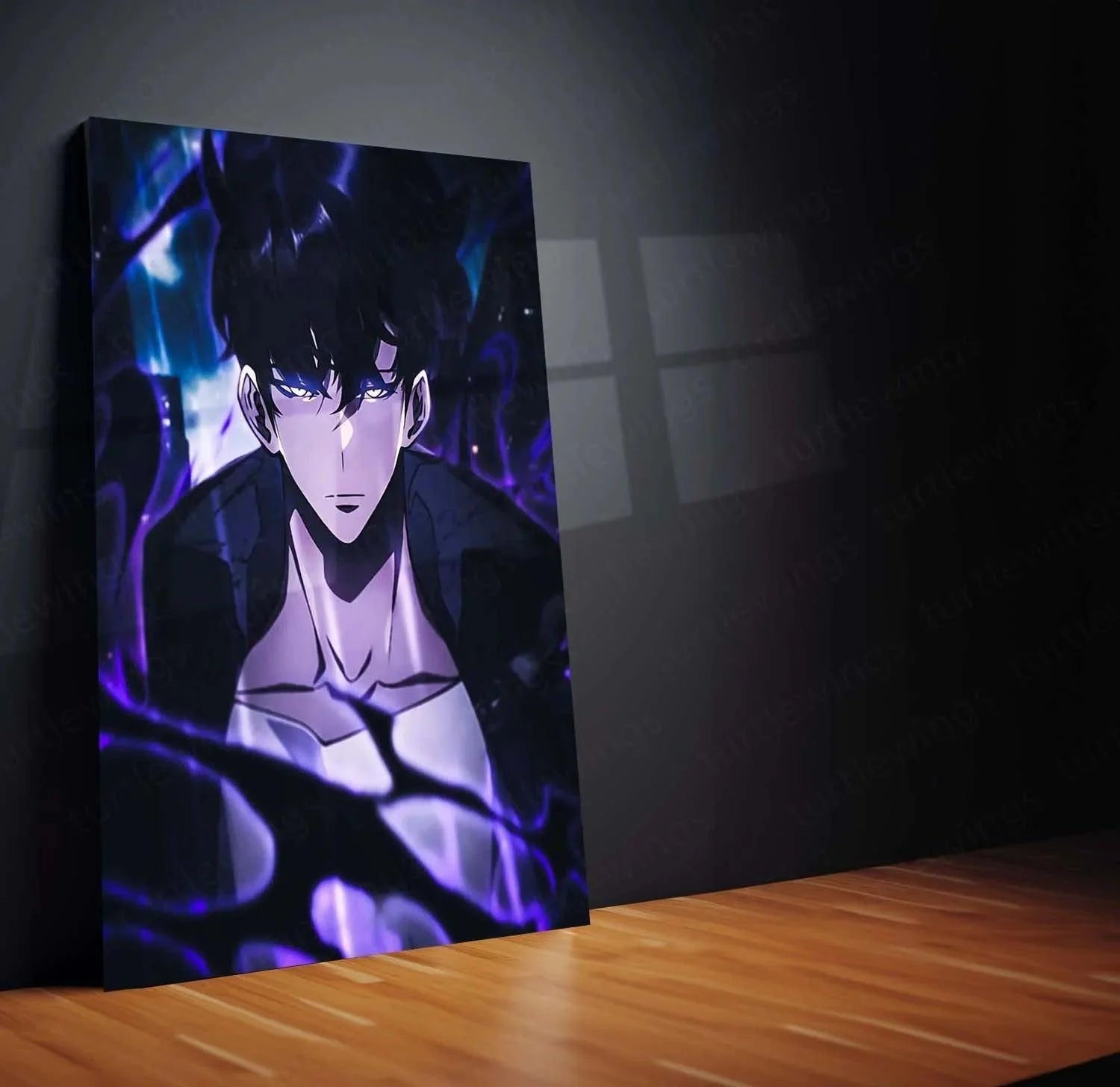 Anime-style male character with dark hair and glowing blue eyes, surrounded by purple energy, on premium metal print