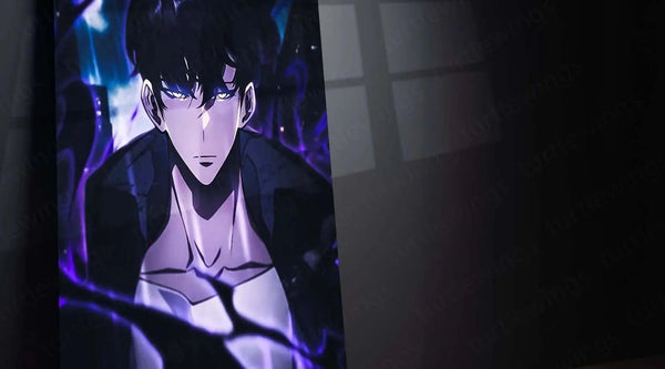 Anime-style male character with dark hair and glowing blue eyes, surrounded by purple energy, on premium metal print