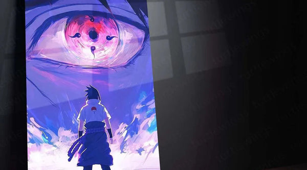 Anime character standing with back to viewer under large glowing eye art print on wall