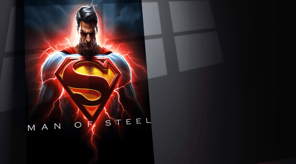 Metal print of Batman-style superhero with glowing red and yellow emblem, titled Man of Steel