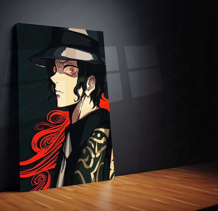 Stylish anime character portrait with red eyes, black hat, and swirling red and beige patterns on dark background metal print