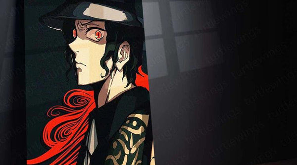 Stylish anime character portrait with red eyes, black hat, and swirling red and beige patterns on dark background metal print