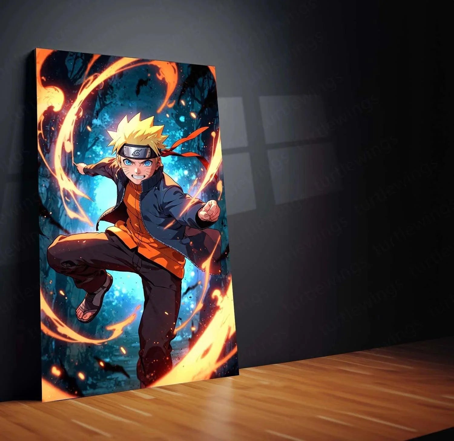 Naruto anime fanart metal print showing Naruto in action pose with fiery swirls in blue forest background