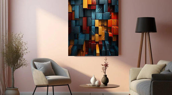 Modern living room with geometric fusion metal print in blue, orange, and red on blush wall