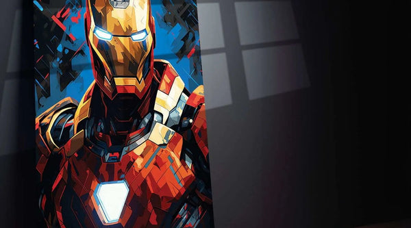 Vibrant Iron Man metal print artwork leaning on wooden surface with window light reflection
