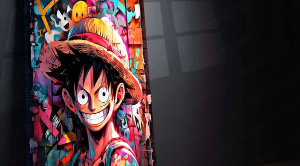 Colorful metal print of anime character with straw hat and big smile against vibrant graffiti background