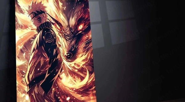 Naruto anime character with fiery Kurama fox spirit artwork metal print on wooden surface at TurtleWings