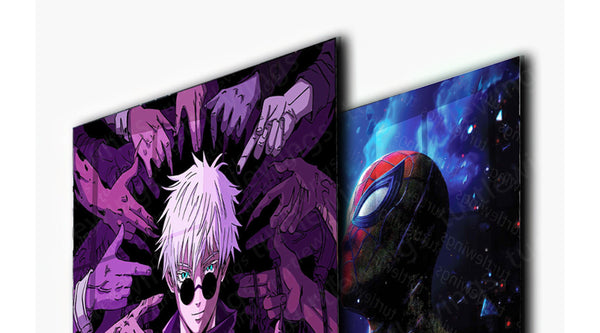 Premium metal prints featuring anime character with multiple purple hands and Spiderman in a dark, vibrant design