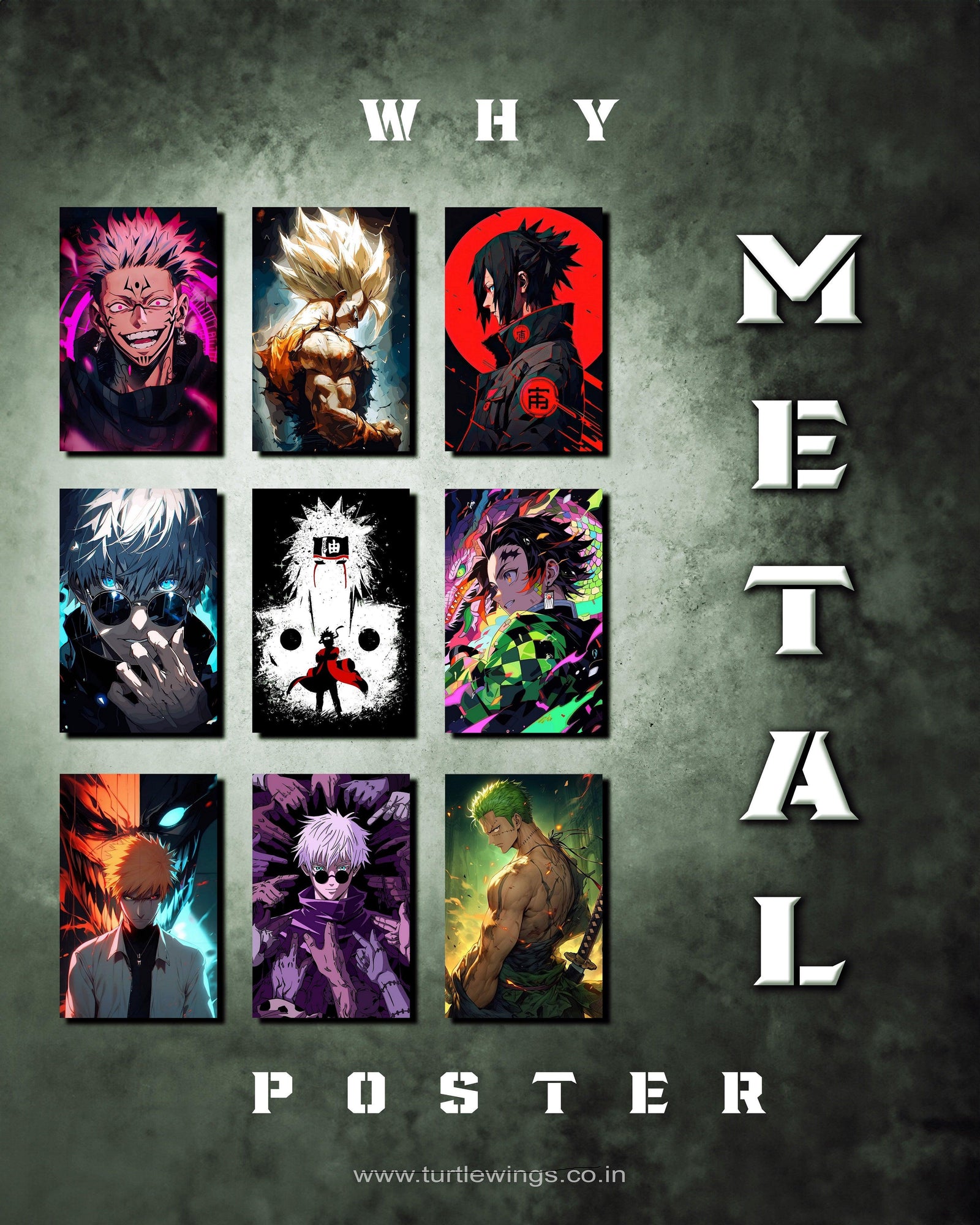 Collection of vibrant anime metal posters featuring iconic characters displayed on textured wall background