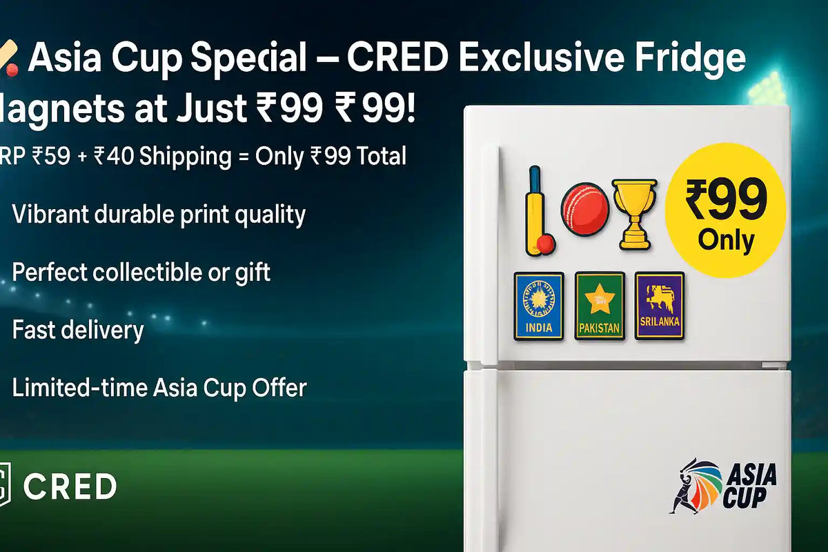 Asia Cup special fridge magnets on white refrigerator featuring cricket bat, ball, trophy, and country badges India, Pakistan, Sri Lanka