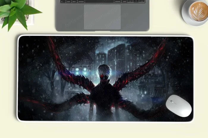 Large anime-themed custom mousepad featuring a dark cityscape and a mysterious figure with red glowing eyes and clawed wings.