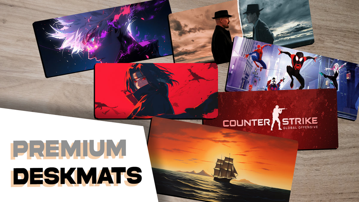 Premium desk mats with anime, movie, gaming, and scenic designs on wooden surface