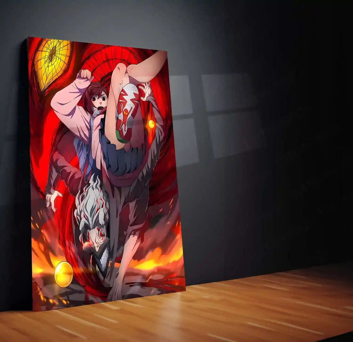Vibrant anime metal print featuring dynamic characters with fiery red and orange background, showcased on wooden floor
