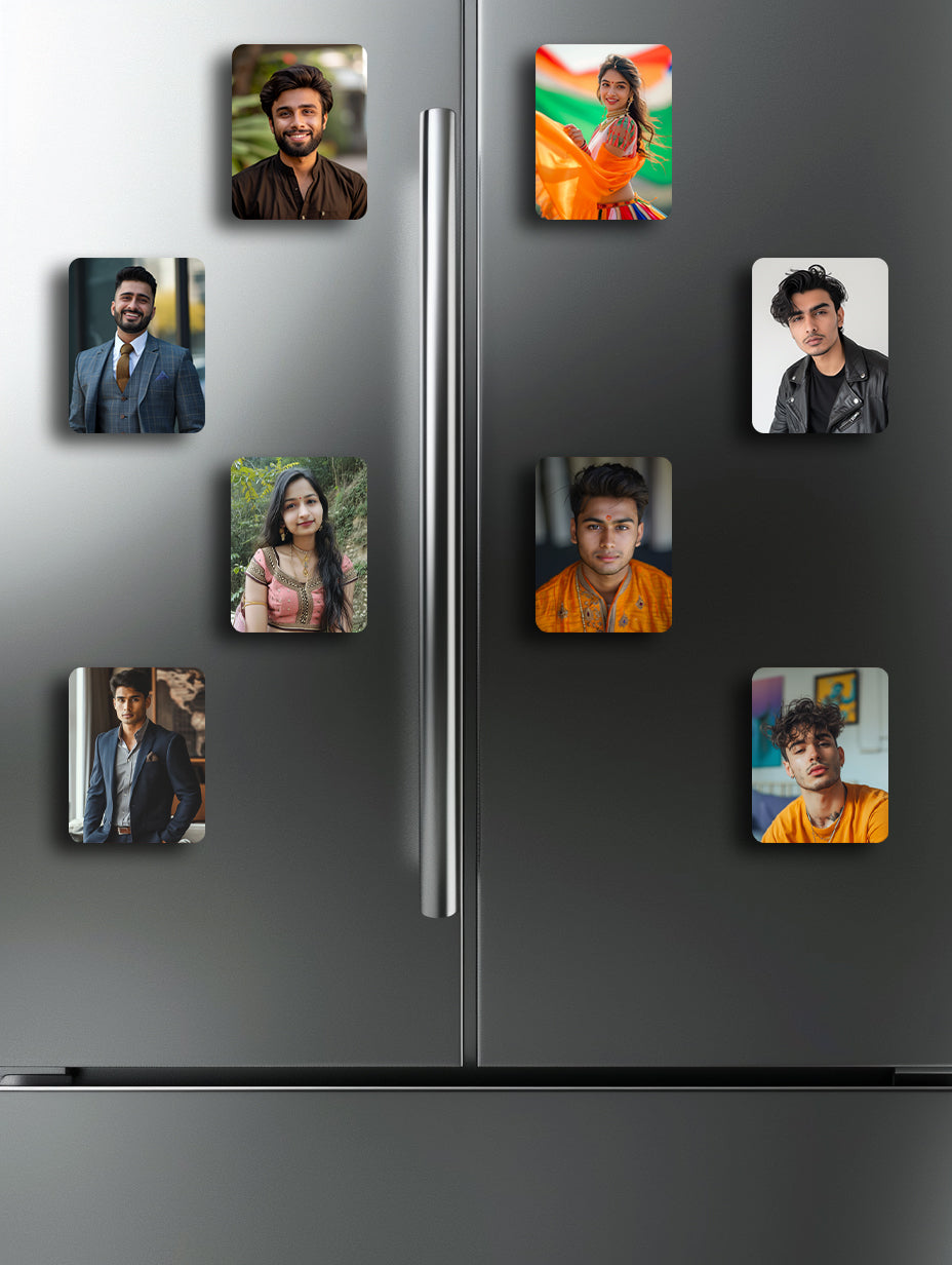 Custom photo fridge magnets showcasing diverse portraits on a modern stainless steel refrigerator