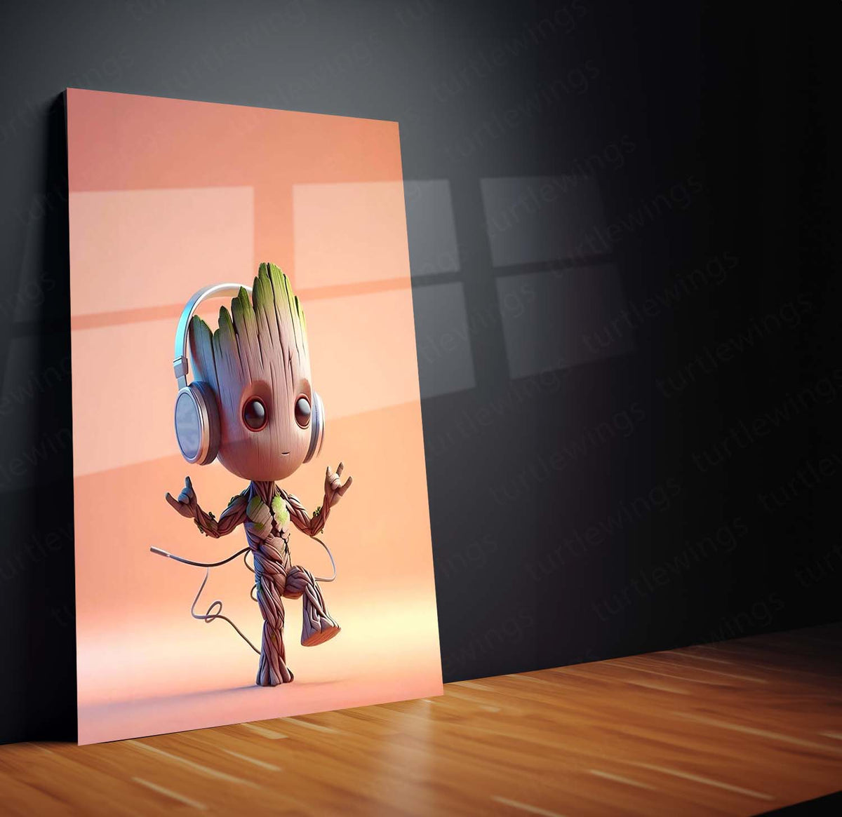 Metal print featuring a cute wooden character wearing headphones, standing on one leg against a soft peach background