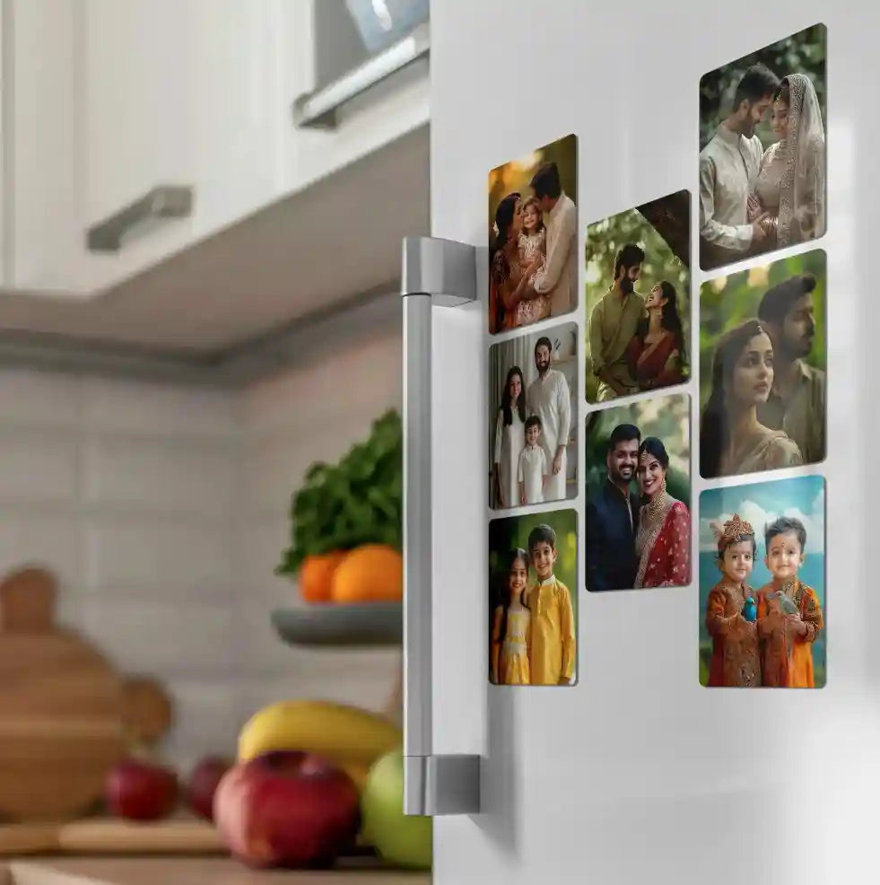 Custom photo magnets of diverse families displayed on a refrigerator door in a modern kitchen setting
