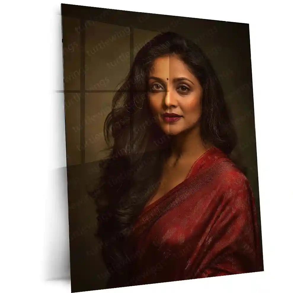 Metal print of a woman in a red saree with long dark hair against a muted brown background