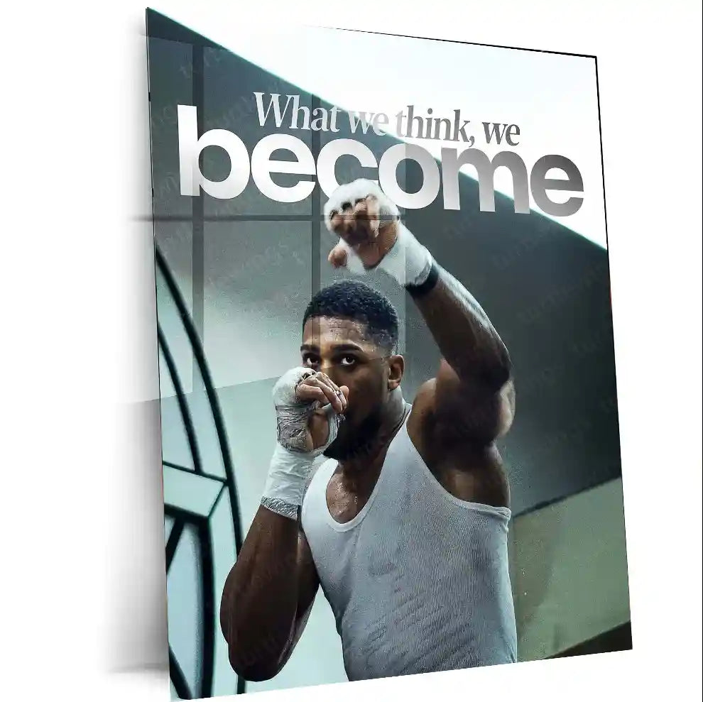 Metal print of a boxer training with taped hands and the motivational quote 'What we think, we become'