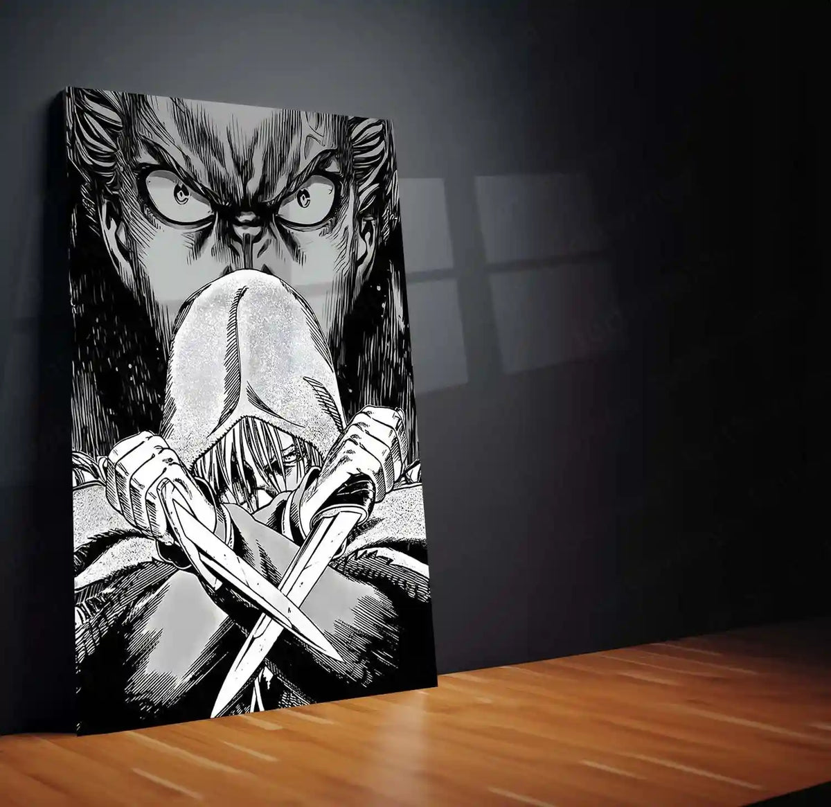 Black and white manga metal print featuring intense character with crossed knives on wooden table