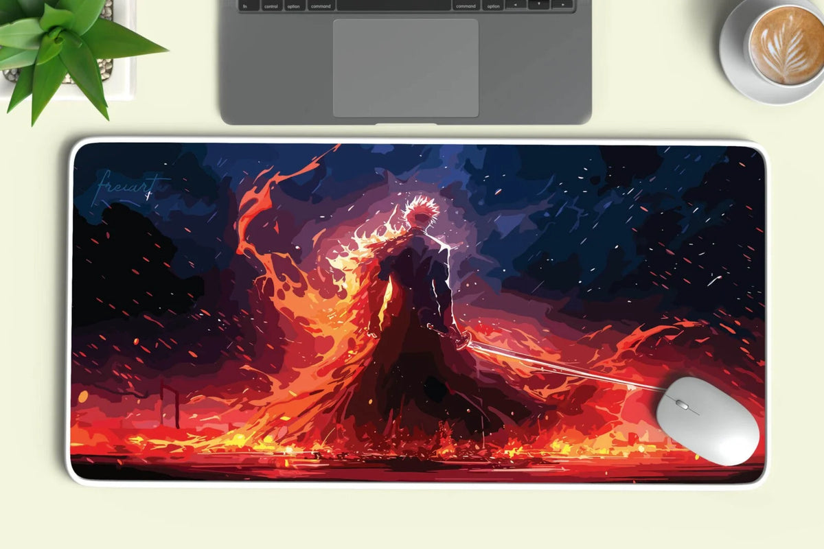 Dynamic fiery anime character with glowing sword on custom rectangular mousepad, laptop and coffee nearby