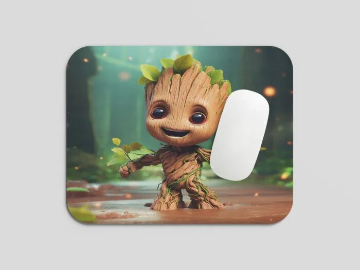 Cute baby Groot standing on custom small mousepad with a forest background, vibrant green leaves and wooden texture