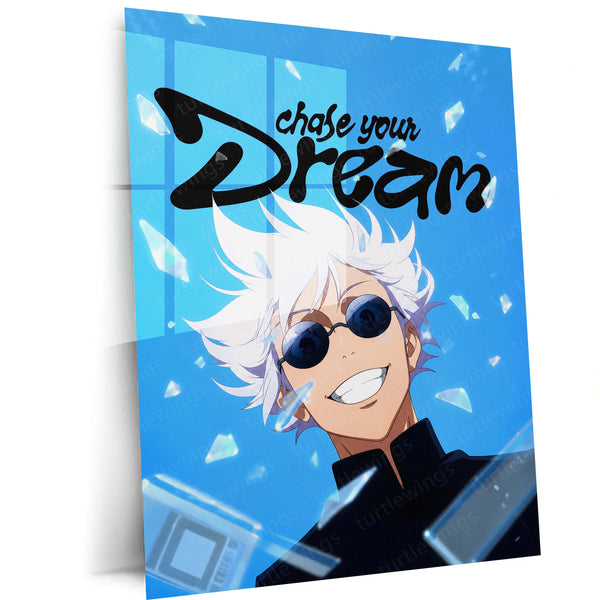 Anime Metal Poster | Satoru Gojo Chase Your Dream Metal Poster | Jujutsu Kaisen Anime Wall Art | Blue Motivational Metal Print
