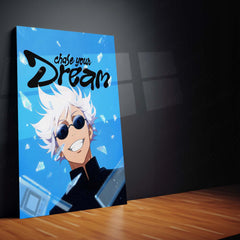 Anime Metal Poster | Satoru Gojo Chase Your Dream Metal Poster | Jujutsu Kaisen Anime Wall Art | Blue Motivational Metal Print