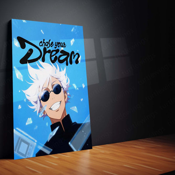 Anime Metal Poster | Satoru Gojo Chase Your Dream Metal Poster | Jujutsu Kaisen Anime Wall Art | Blue Motivational Metal Print