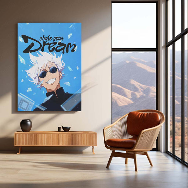 Anime Metal Poster | Satoru Gojo Chase Your Dream Metal Poster | Jujutsu Kaisen Anime Wall Art | Blue Motivational Metal Print