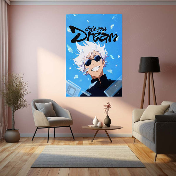Anime Metal Poster | Satoru Gojo Chase Your Dream Metal Poster | Jujutsu Kaisen Anime Wall Art | Blue Motivational Metal Print